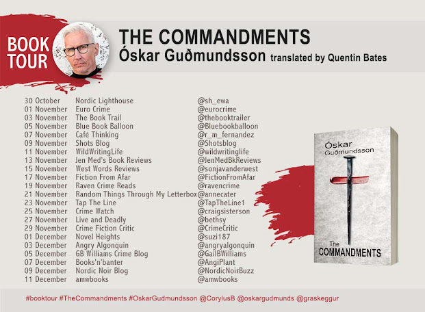 Blog tour poster for book The Commandments by Óskar Guðmundsson (translated by Quentin Bates)