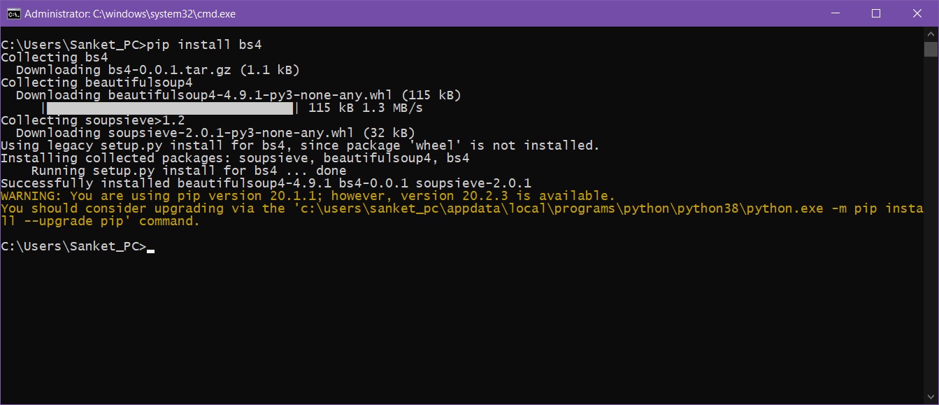 Installing beautifulsoup by pip - web scraping in python