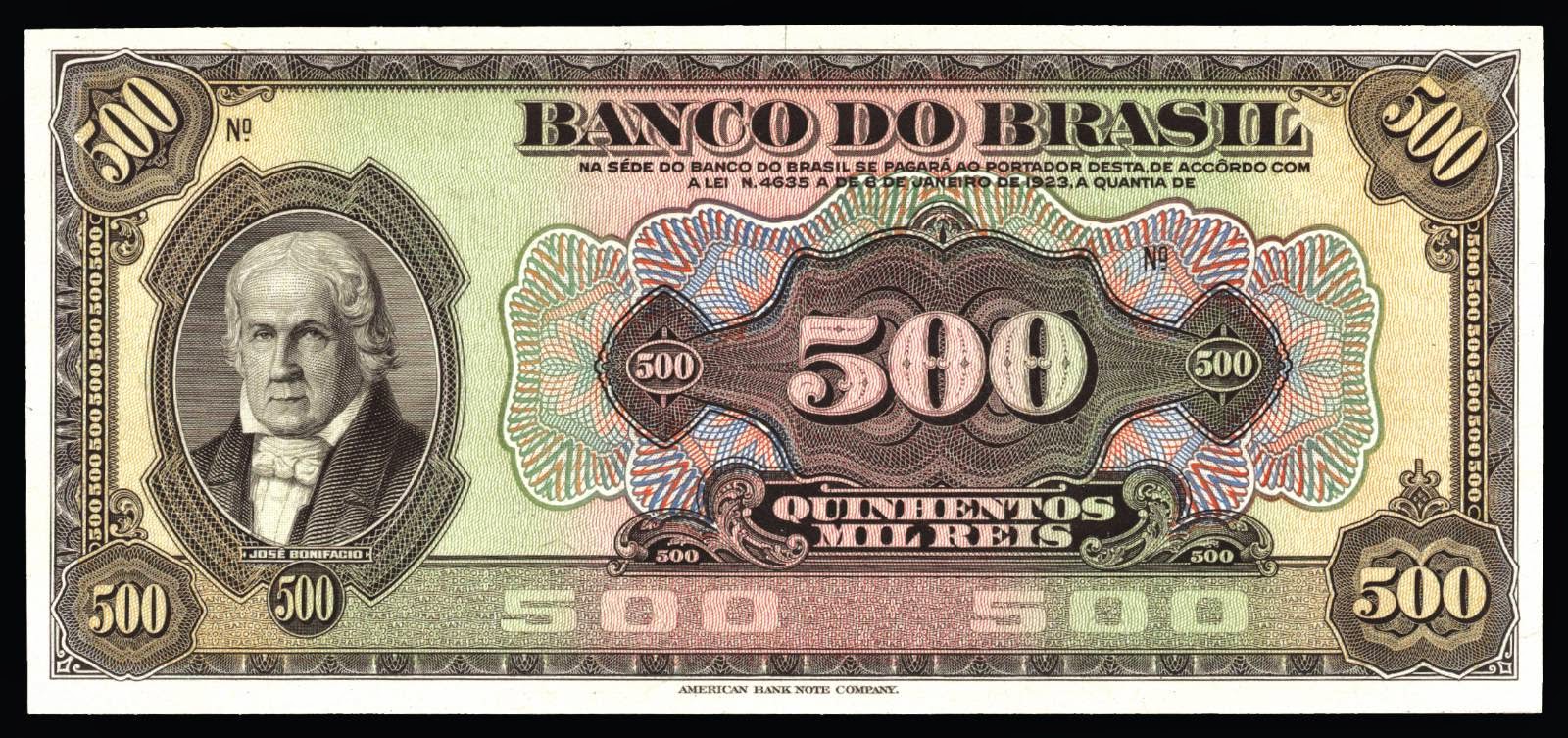 Brazil Banknotes 500 Mil Reis bank note 1923 Jose Bonifacio de Andrada e Silva