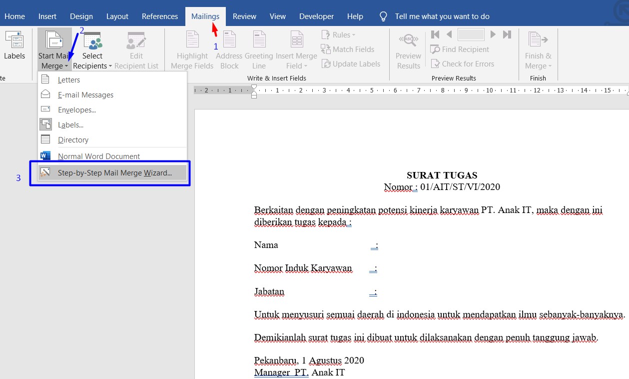 Mailing Cara Membuat Mail Merge Di Excel Ke Word 2007 2010 2013 2016 2019 Anak It