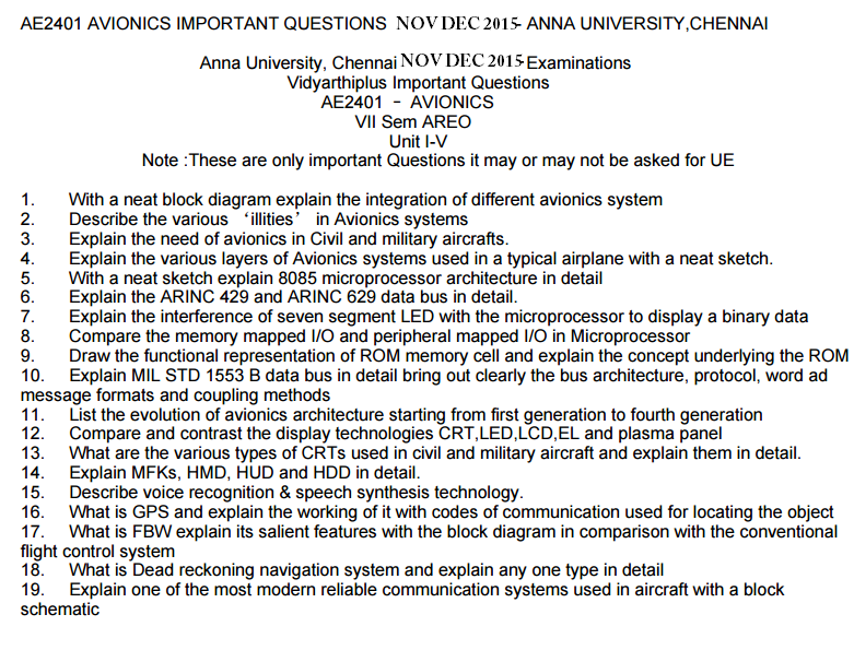 AE2401 AVIONICS BE Aeronautical Nov Dec 2015 Important Questions
