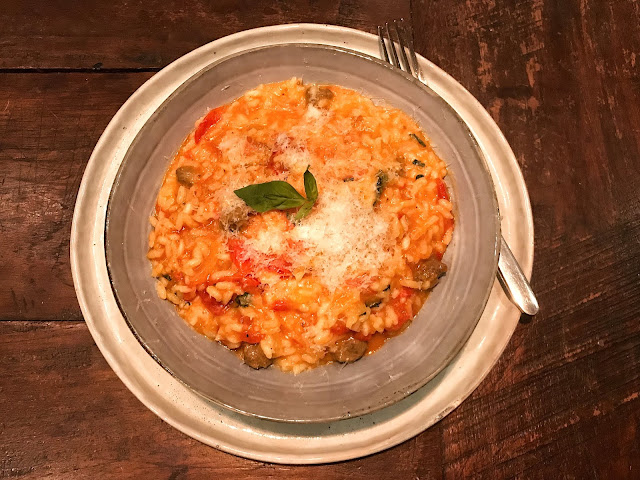 Cherry Tomato Mozzarrella Risotto with Bratwurst