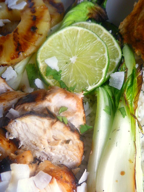 Juicy mojito marinated chicken, grilled pineapple and bok choy served over a mint, coconut and pineapple flavored rice. It's the tropics in a bowl! - Slice of Southern