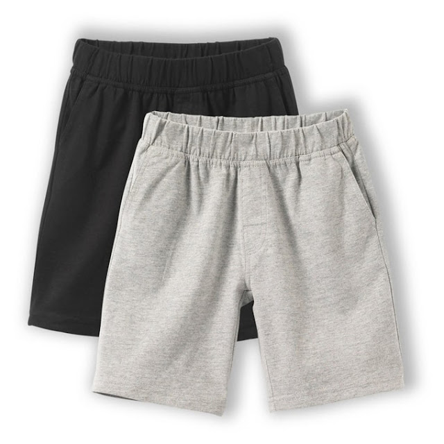 Two pairs of shorts, one darker grey, one lighter grey.