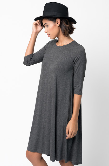 Shop for Charcoal Shirred Back Midi 3/4 sleeve jersey dress crew neck online on caralase.com