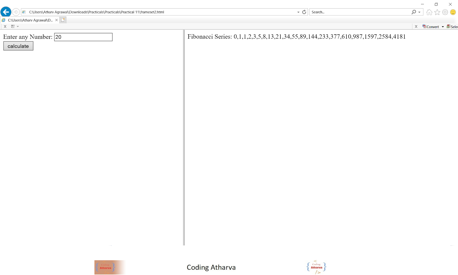 17 Create a JavaScript code to create Frame. Frame1 will take input as number and result will be