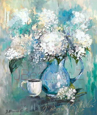 Floral oil painting of white Hydrangeas by Jennifer Beaudet Zondervan