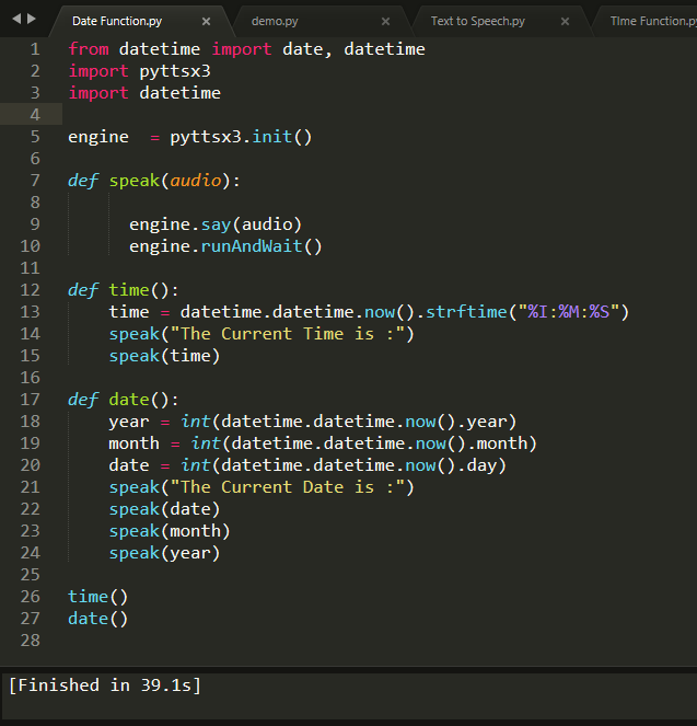 Date Time Voice Function Python pyttsx3