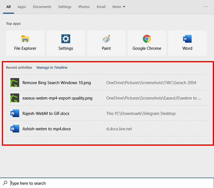 Deshabilitar la búsqueda de Bing en el menú de inicio de Windows 10