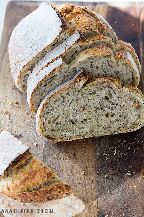 Pan multicereal hecho en casa con masa madre de exceso vía: www.elgatogoloso.com
