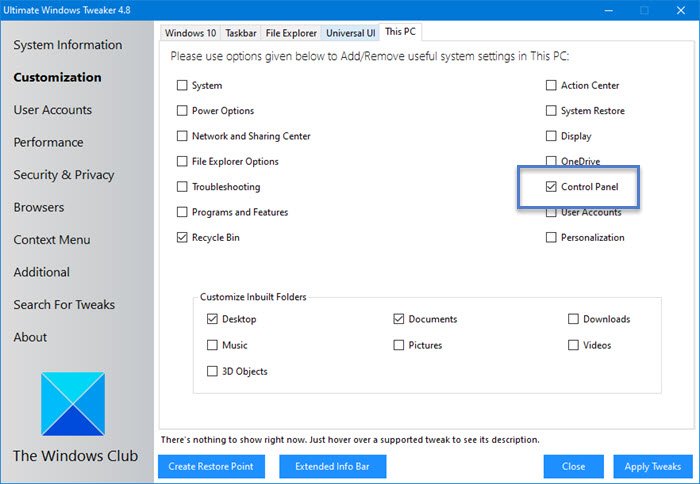 Configuratiescherm toevoegen aan Verkenner-UWT