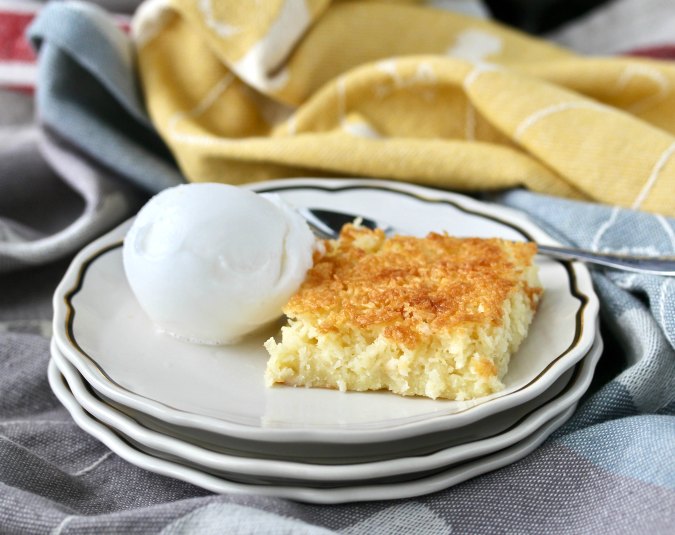 Brazilian Baked Coconut squares with lemon sorbet Brazilian Baked Coconut squares with lemon sorbet