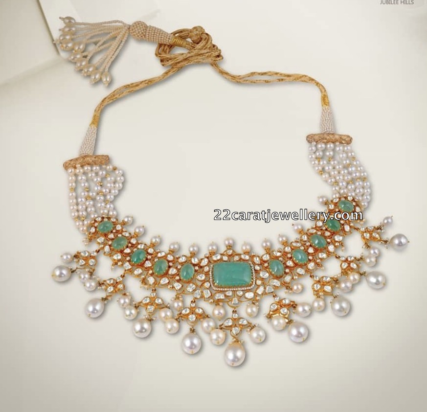 Flat Diamond Choker with Pearls Drops Jewellery Designs