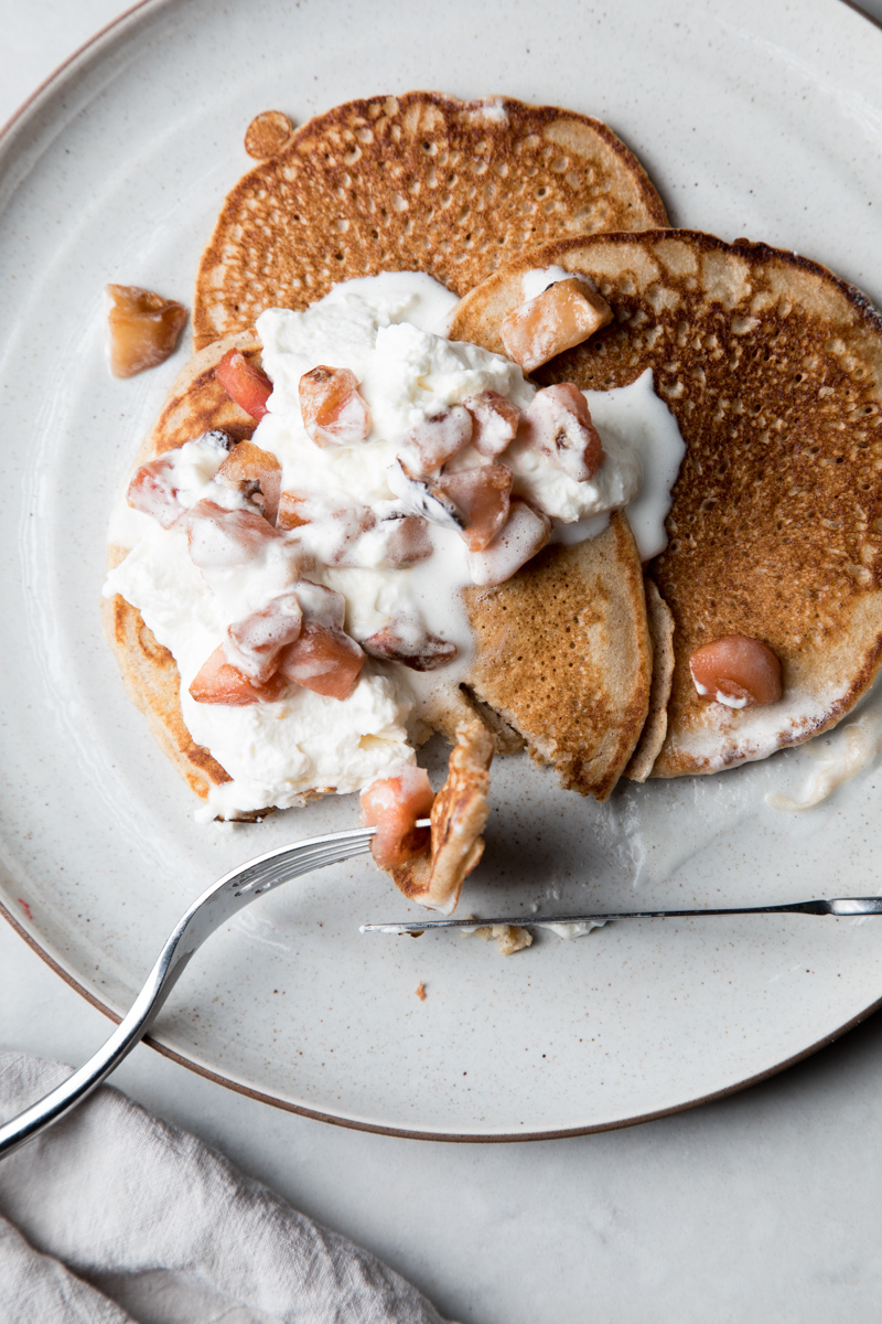 Whole Wheat Buttermilk Pancakes with Caramelized Apples and Whipped