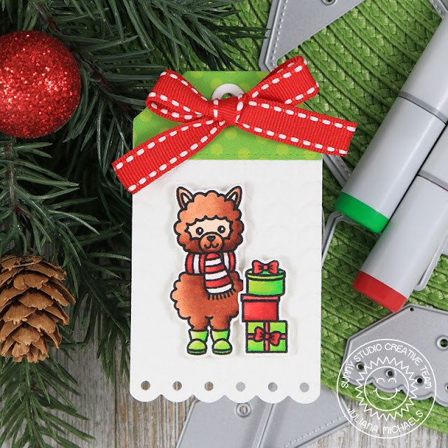 Christmas Gift Tag by Juliana Micheals featuring Sunny Studio Stamps Build A Tag No. 2 Dies, Alpaca Holiday Stamp Set, Cable Knit Embossing Folder and 6x6 Holiday Cheer Paper Pad