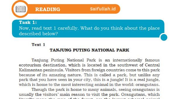 Terjemahan Teks Tanjung Puting National Park Chapter 4 Task 1 Halaman 53 (Reading) Kelas 10