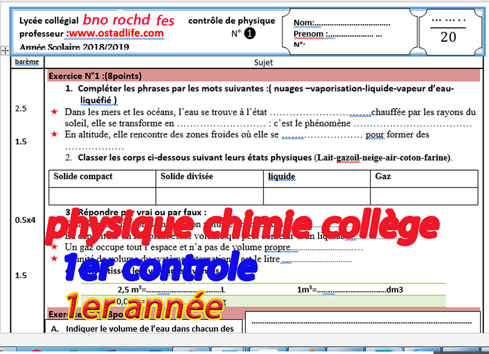 CONTROLE n°1 : CHIMIE