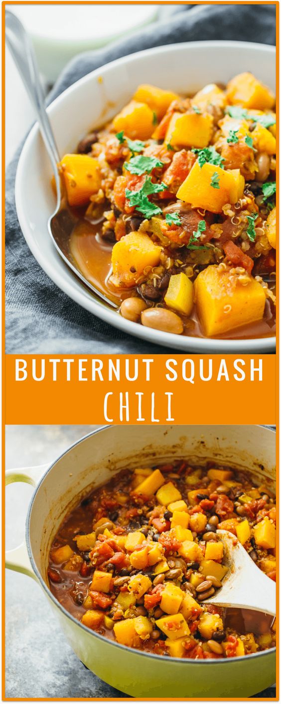 Butternut squash chili - This butternut squash chili is one of my favorite chili recipes! It’s easy and fast (cooks in 30 minutes on the stove), and it's a great way to incorporate fall favorites like butternut squash into your diet. This vegetarian / vegan dish is also healthy and includes quinoa, black and pinto beans, and peppers. - savorytooth.com