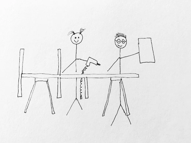 stick figure drawing of attaching wood dividers