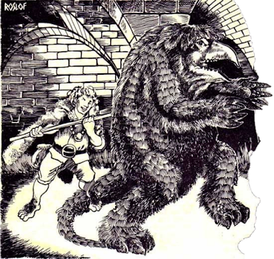 Philip attacks the owlbear from behind