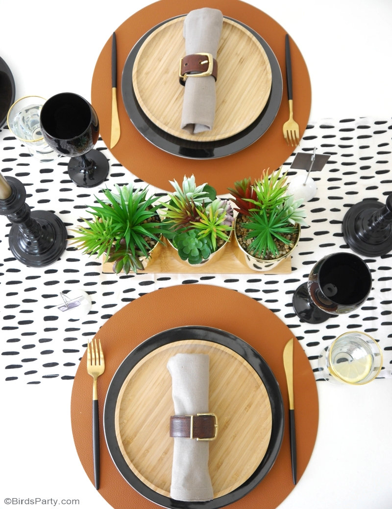 Father's Day Masculine Tablescape Ideas - ideas for a chic, modern but manly table setting in black, white, brown & gold with easy, DIY details! by BirdsParty.com @birdsparty #fathersday #fathersdaytable #fathersdayparty #fathersdaytablescape #tablescape #tablesetting #tabledecor #masculinetable #masculinetablescape #fathersdaypartyideas