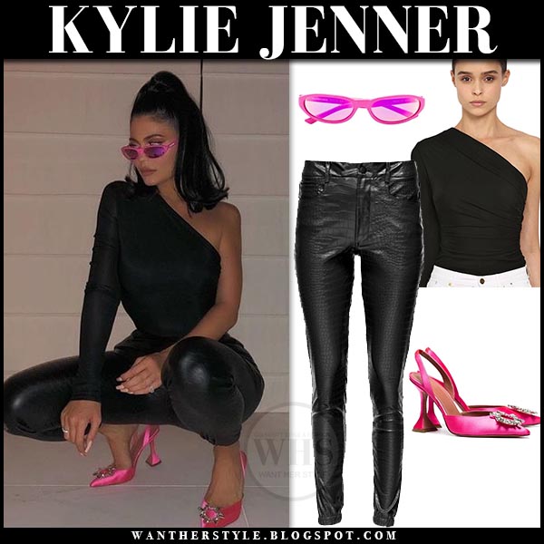Kostbaar activering IJver Kylie Jenner in black one shoulder top, black leather pants and pink pumps  on July 28 ~ I want her style - What celebrities wore and where to buy it.  Celebrity Style