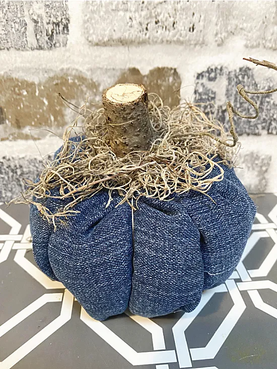 denim pumpkin with Spanish moss and stem