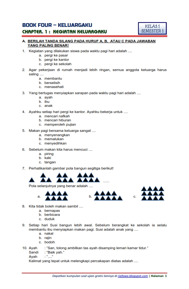 Contoh soal essay matematika kelas 1 sd