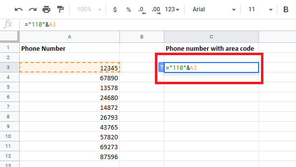 добавить код страны или города в список номеров телефонов в Excel