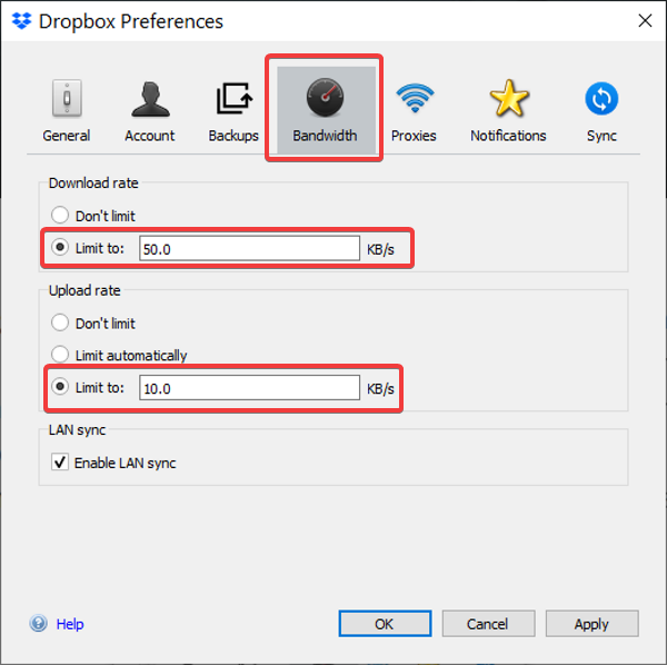 Limitar el uso de ancho de banda de Dropbox