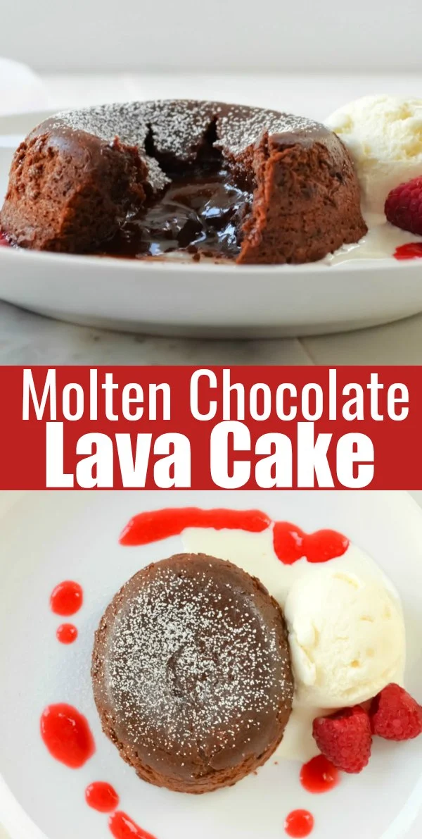 Molten Chocolate Lava Cake recipe is the perfect chocolate fix with a molten chocolate fudge center. It's the ultimate chocolate fix for dessert and great for Valentines Day served with a scoop of vanilla ice cream, fresh raspberries and raspberry sauce from Serena Bakes Simply From Scratch.