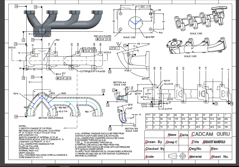 EXHAUST MANIFOLD design 3D Model DRAFTING DRAWING creo WIKI