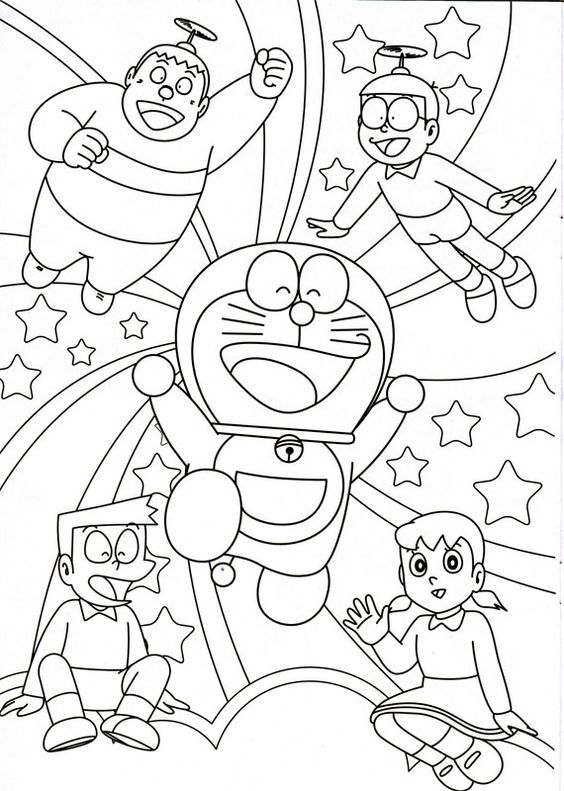 Tranh cho bé tô màu Doraemon và các bạn
