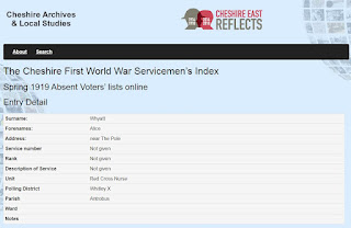 A screenshot of the absent voters' website showing the details of a nurse serving in the war.