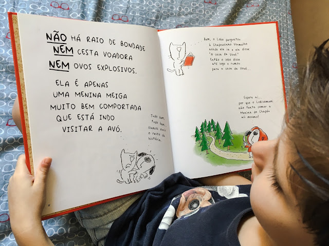 Foto do Miguel lendo o livro infantil "O gato, o cachorro, Chapeuzinho, os ovos explosivos, o lobo e o guarda-roupa da vovó", de Diane e Christyan Fox
