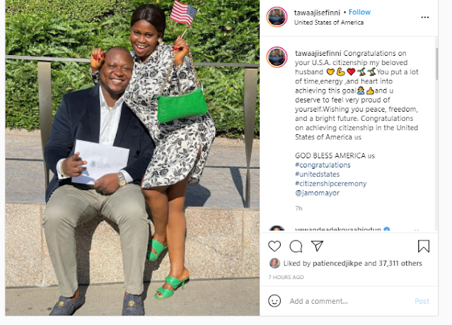 Congratulations to us- Actress Ajisefini celebrates her Husband as he becomes American Citizen