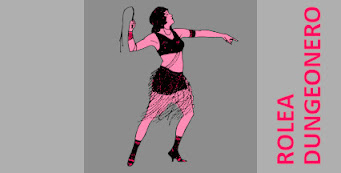 Imagen cabecera. Muestra a una mujer de los años 20 con un látigo y un cartel que dice "rolea dungeonero".