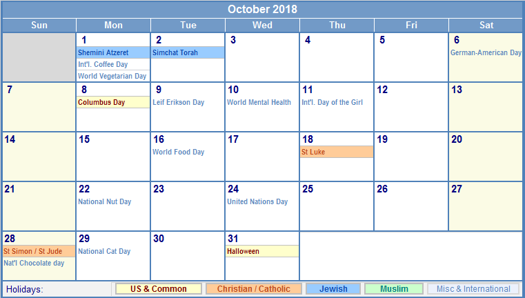 blank calendar october 2018