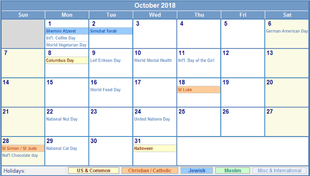 october 2018 printable calendar
