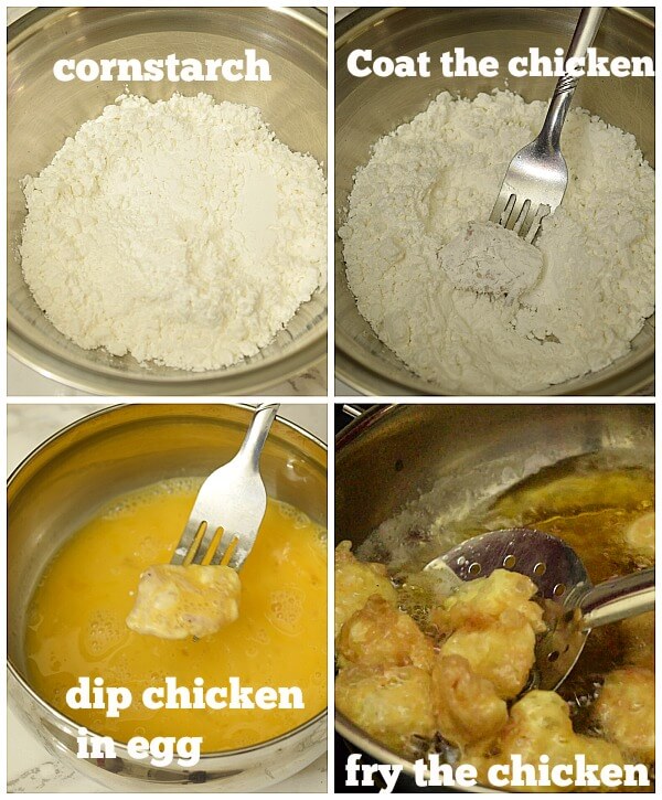 a bowl with cornstarch,coat the chicken in cornstarch,dip in egg and fry