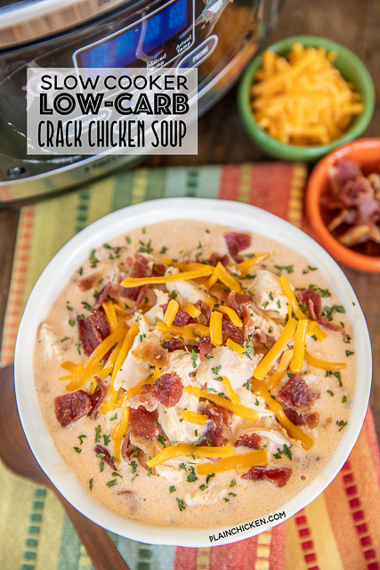 Slow Cooker Low-Carb Crack Chicken Soup - chicken soup loaded with cheddar, bacon, and ranch. Super easy to make - just dump everything in the slow cooker and let it do all the work. Chicken, cream cheese, chicken broth, bacon, ranch dressing mix, cheddar cheese. Can add spinach or broccoli to soup mixture. Delicious even if you aren't doing a keto/low-carb diet. #soup #slowcooker #crockpot #chicken #lowcarb #keto bowl of soup with slow cooker
