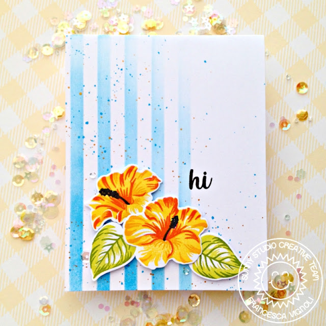 Sunny Studio Stamps: Hawaiian Hibiscus Sunshine Word Die Frilly Frames Dies Hello Cards by Mona Toth and Franci Vignoli