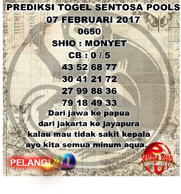 PREDIKSI TOGEL SENTOSA POOLS 07 FEB 2017 BERITATERKINI