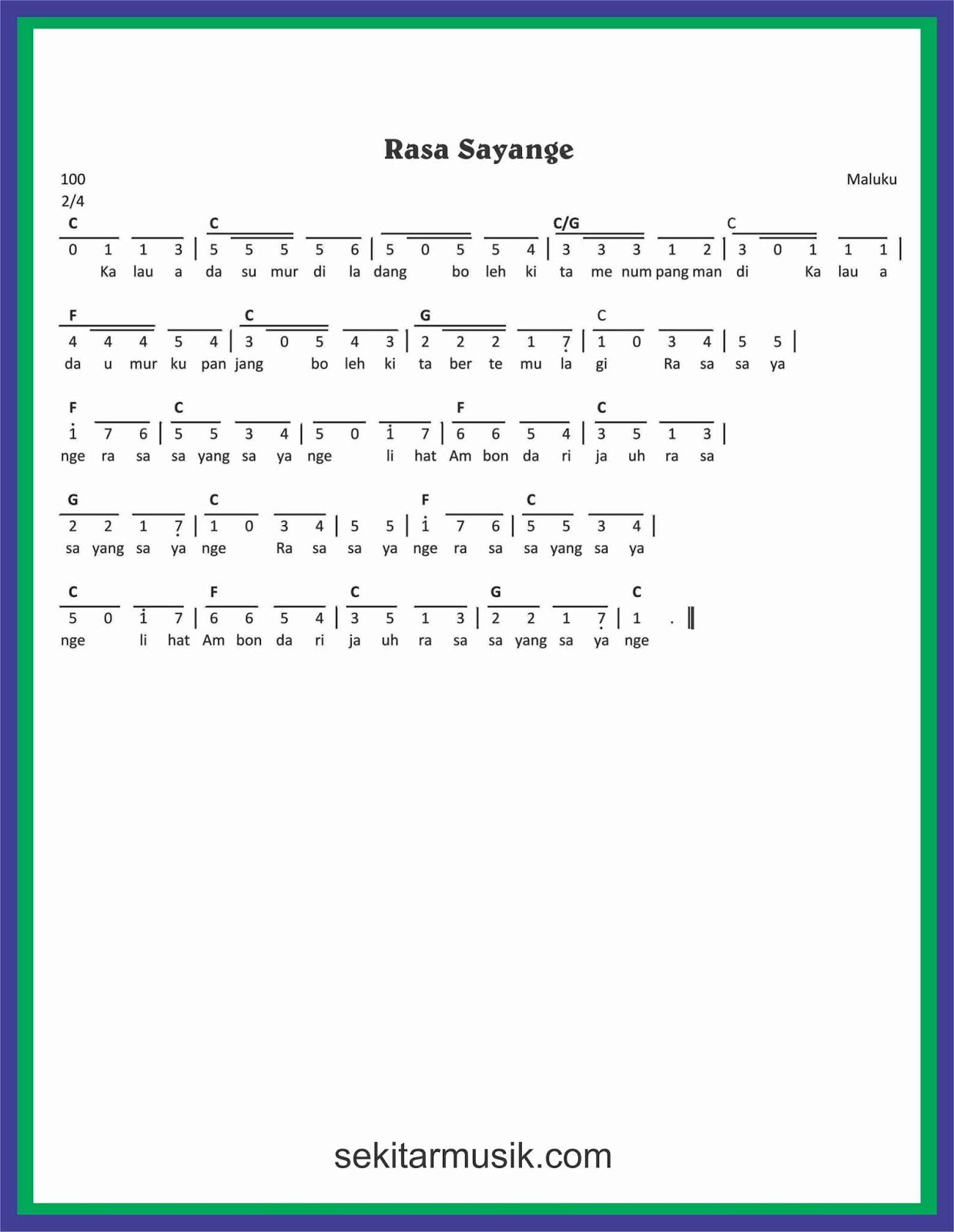 Not Angka Lagu Rasa Sayange SEKITAR MUSIK