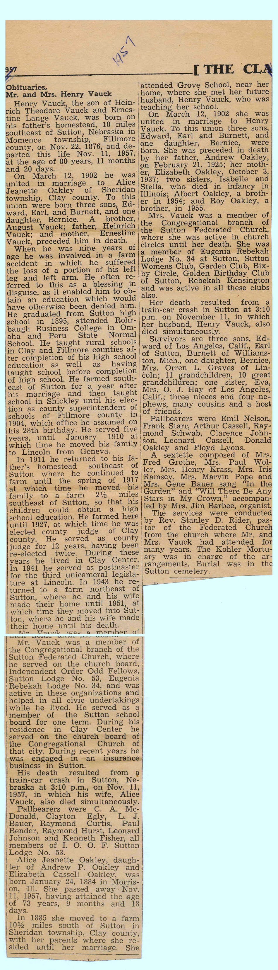 Sutton Nebraska Museum Obituary of Henry & Alice Vauck Killed 11 Nov