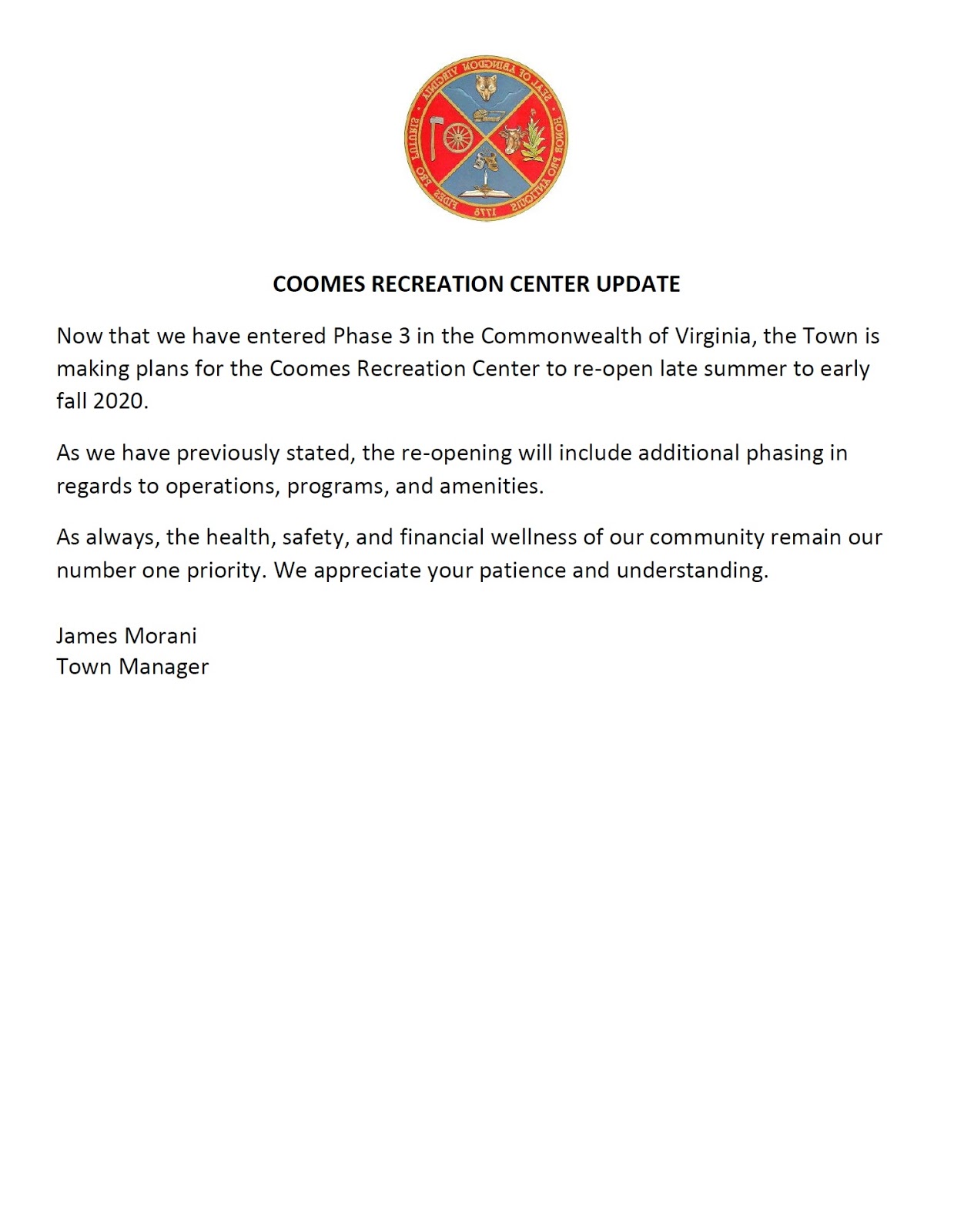 Town of Abingdon, Virginia Coomes Recreation Center Update 712020