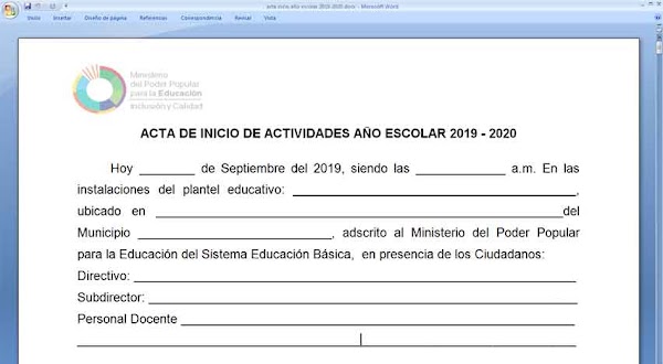 Modelo de acta inicio nuevo año escolar 2019-2020 Modelo de acta inicio nuevo año escolar 2019-2020