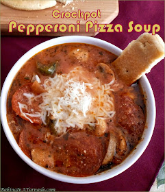 Crockpot Pepperoni Pizza Soup is a fun and filling way to have your soup and pizza too, pizza night in a quick and easy slow cooker soup form. | Recipe developed by www.BakingInATornado.com | #recipe #dinner
