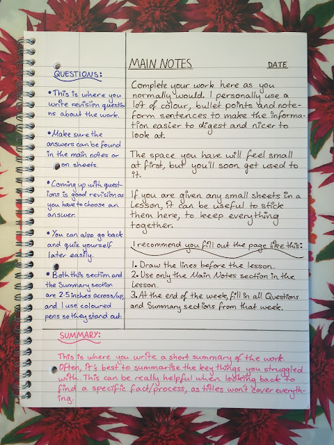 A wirebound notebook, open, on a background of flowers. On the page is an example of the Cornell Method of note-taking, with the sections being filled out with instructions on how to use them. The Main Notes section is written in brown, the Questions section in blue and the Summary section in pink.