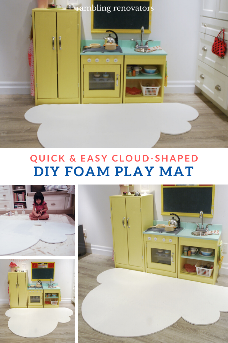 yellow play kitchen with cloud shaped foam play mat, diy kids foam play mat